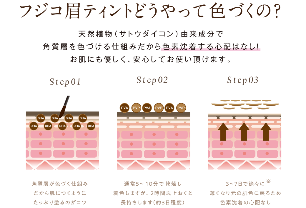 フジコ眉ティントどうやって色づくの