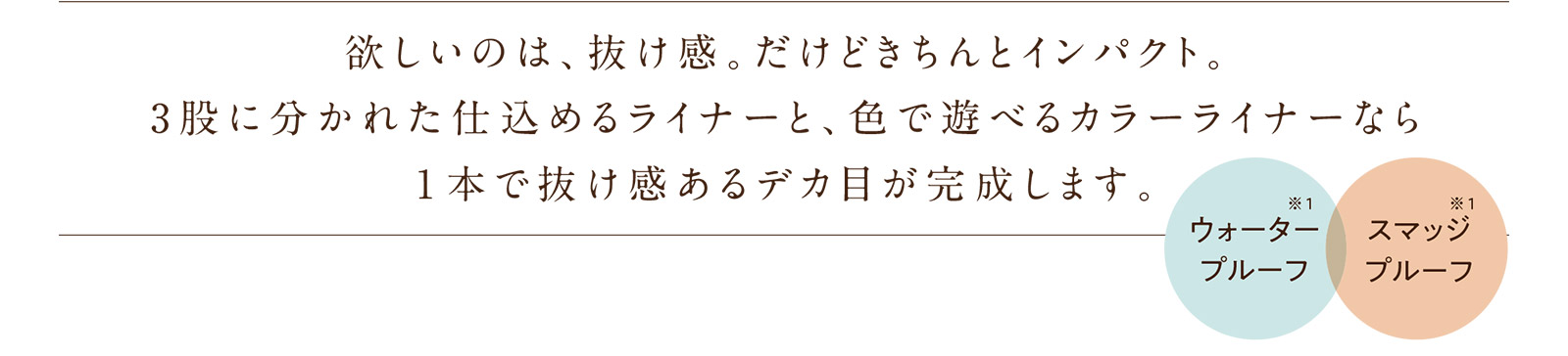 欲しいのは、抜け感。だけどきちんとインパクト。３股に分かれた仕込めるライナーと、色で遊べるカラーライナーなら一本で抜け感あるデカ目が完成します。